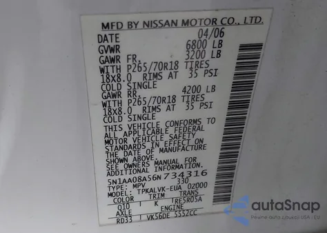 2006 Nissan Armada Le from USA, damaged, VIN 5N1AA08A56N734316